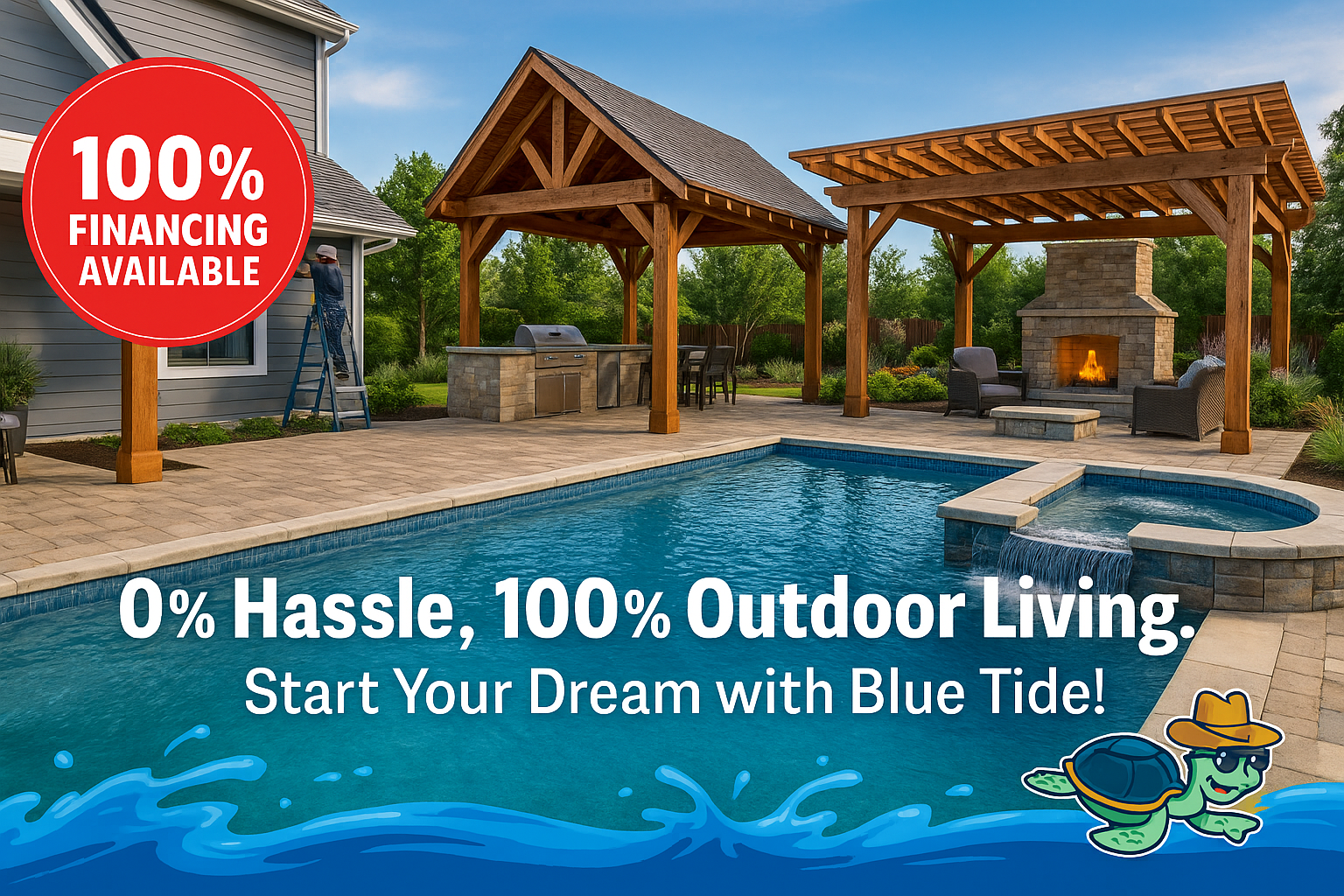 Blue Tide Exteriors ad: 100% financing for outdoor living