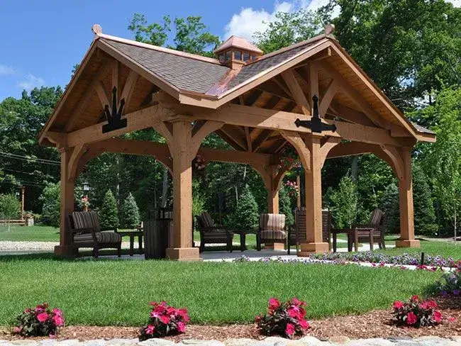 Elegant wooden gazebo with outdoor seating